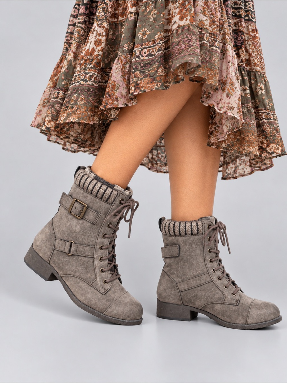 Ladies pop Gray Lace-Up Knit Collar Combat Boots